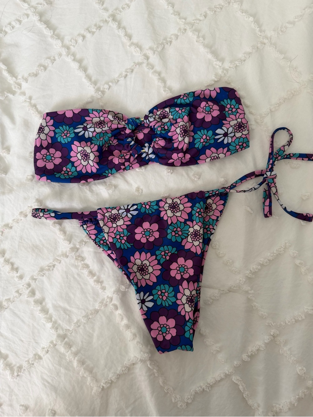 Retro Floral Bandeau Bikini Set XS Tie Side Bottoms